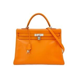 Hermès Kelly35 Orange Box Calf Leather Silver Hardware Vintage F Stamp Authentic